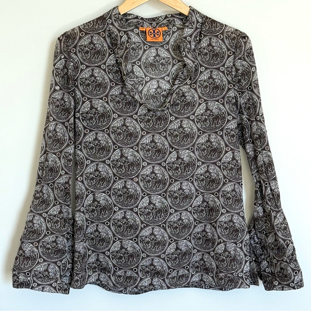 Tory Burch Brown Lucky Elephants Sequin Blouse 100% Cotton Size 6